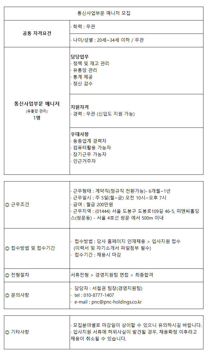 통신사업부문 매니저(신입/경력) 모집 (마감)